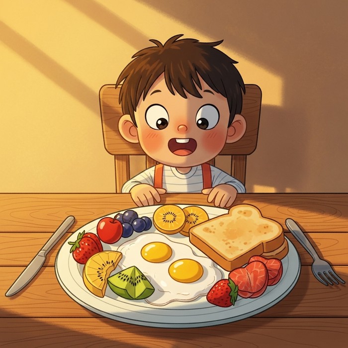 A bright plate of eggs, toast, and fruit on a wooden table, with a cheerful cartoon child sitting ready to eat.