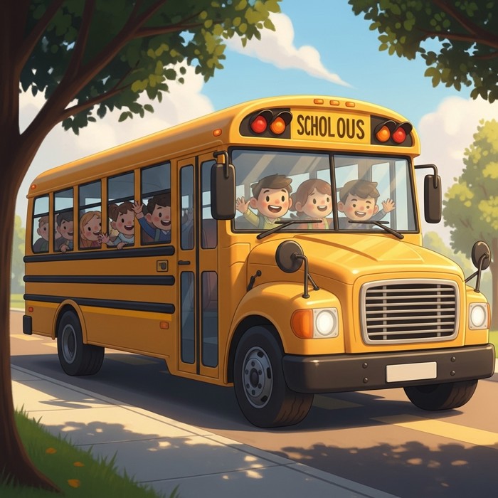 A bright yellow school bus driving down a tree-lined street on a sunny morning, cartoon children visible through the windows, smiling and waving.