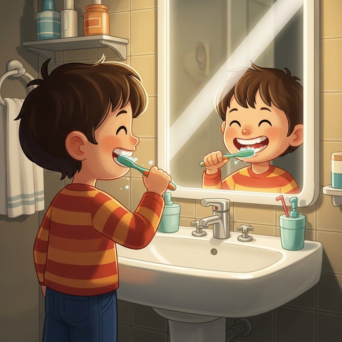A happy cartoon child standing at a bathroom sink, brushing teeth with a colorful toothbrush, bright bathroom mirror reflecting a big smile.