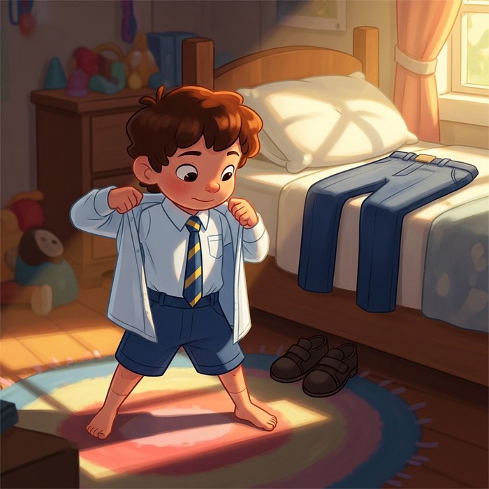 A cartoon child standing in a bedroom, putting on a school uniform shirt, with pants and shoes neatly laid out on the bed behind them.