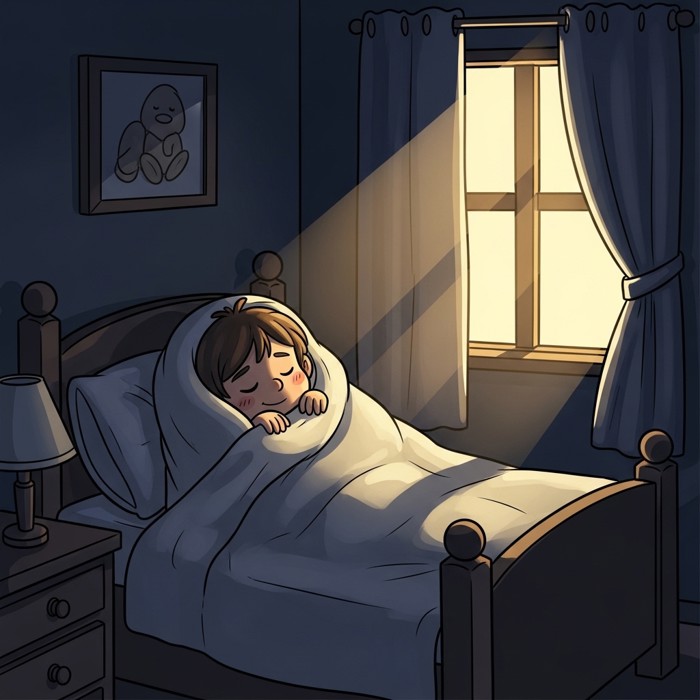 A child tucked snugly under a soft blanket in a dark, peaceful bedroom, eyes gently closed and a small smile on their face, with moonlight coming through the curtains.