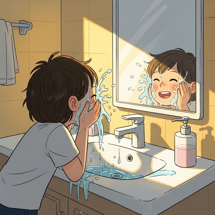 A child leaning over a white bathroom sink, splashing water on their smiling face, with a bright mirror and soap dispenser nearby.