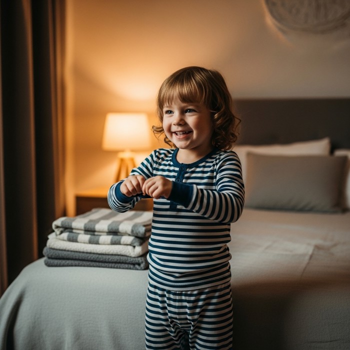 A happy child pulling on cozy striped pajamas in a warm, dimly lit bedroom, with a folded blanket and pillow visible on the bed behind them.