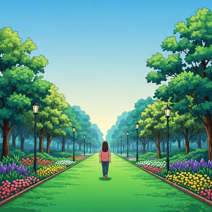 A relaxed person walking along a green park path, trees and flowers on both sides, a calm blue sky above, morning light making everything look fresh.