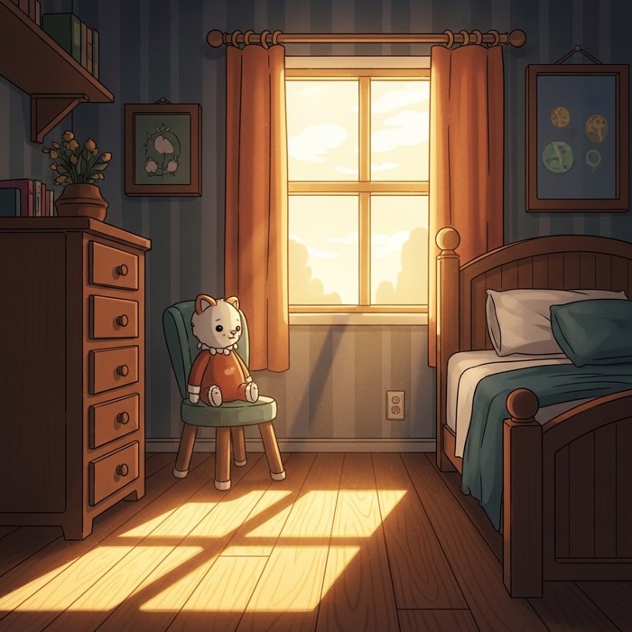Bright golden sunlight streaming through a bedroom window onto a wooden floor, casting a warm glow across the room.