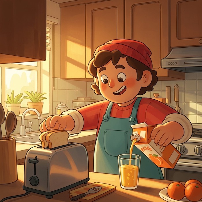 A person standing at a bright kitchen counter, placing bread in a toaster and pouring orange juice into a glass, morning light filling the room.