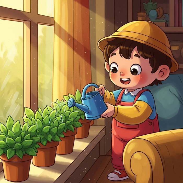 A cartoon child happily watering a row of green potted plants on a sunny windowsill with a small blue watering can.