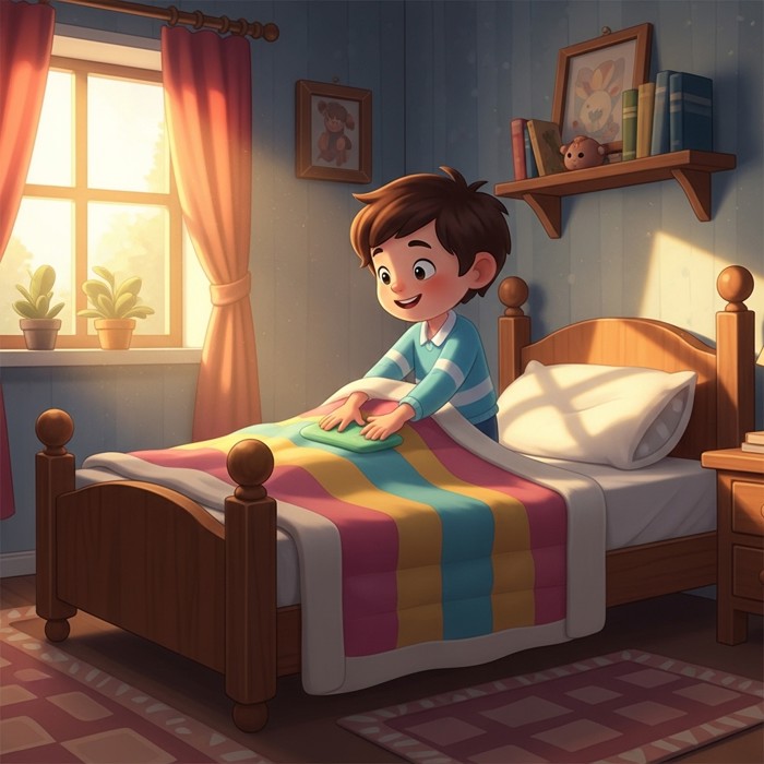 A cartoon child smoothing a colorful blanket over a bed in a sunny bedroom, smiling proudly.