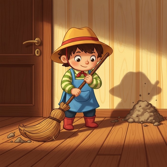 A cartoon child sweeping a wooden floor with a big broom, a pile of dust and dirt forming near the wall.