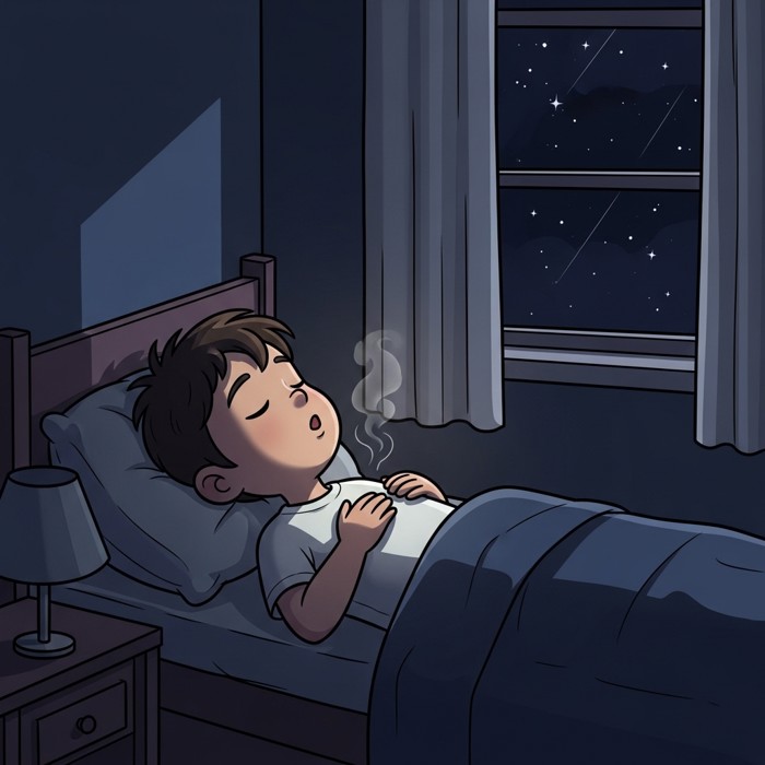 A peaceful cartoon child lying still in a dark bedroom, chest rising slightly as they take a slow deep breath, stars visible through the window.