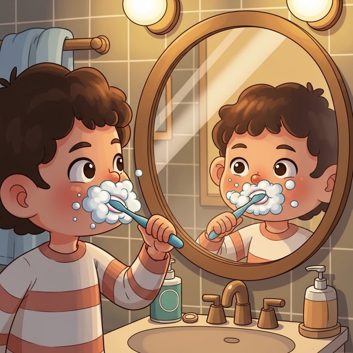 A cartoon child brushing teeth in front of a bathroom mirror, foam on their lips, looking happy and clean.