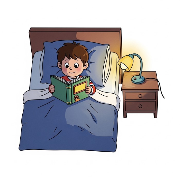 A cartoon child lying in bed under a blanket, reading a colorful book by the warm glow of a small bedside lamp.