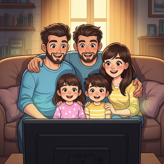 A happy cartoon family of four sitting on a cozy sofa together, watching a bright colorful TV screen in a warm, dimly lit living room.