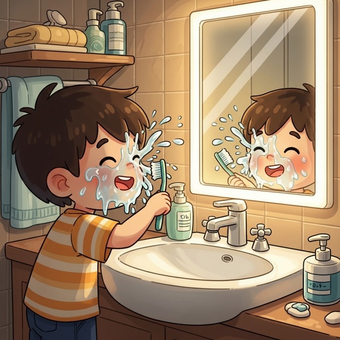 A cartoon child standing at a bathroom sink, splashing water on a smiling face, toothbrush in hand, bright mirror reflecting a happy expression.