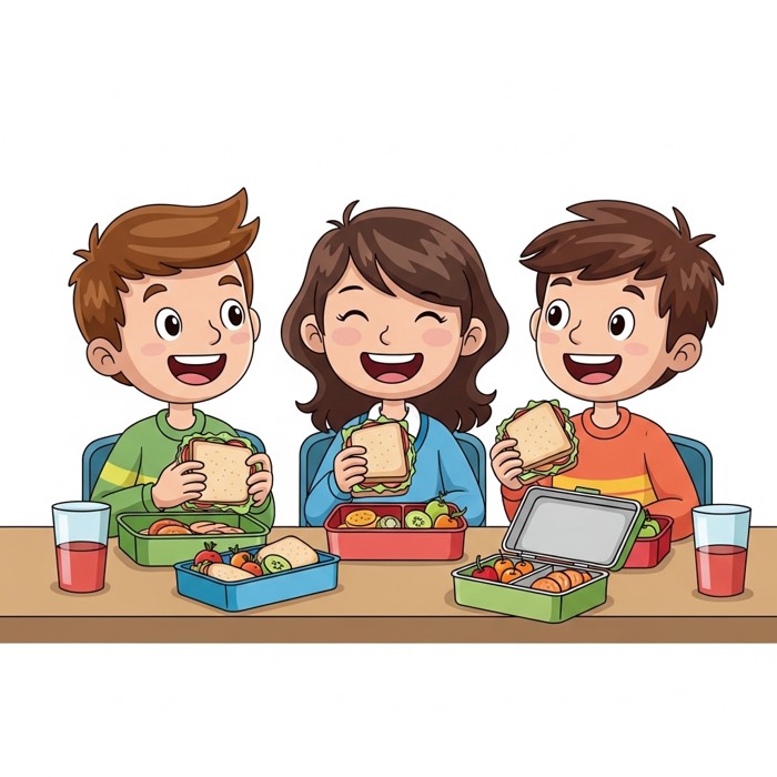 Three cartoon children sitting together at a school cafeteria table, laughing and sharing colorful lunch boxes filled with sandwiches and fruit.