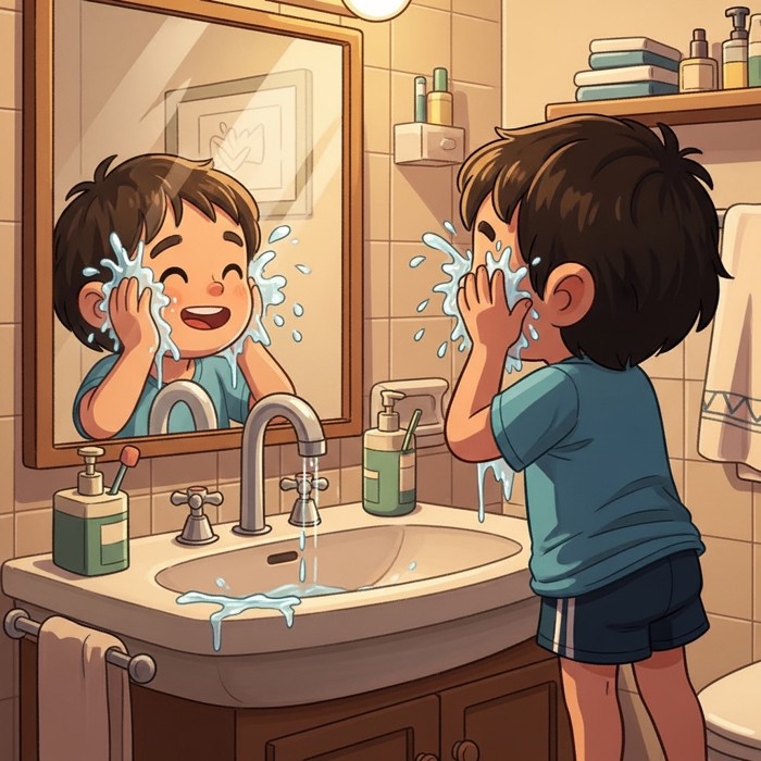 A cartoon child standing at a bathroom sink, splashing water on their face and smiling at their reflection in a mirror.