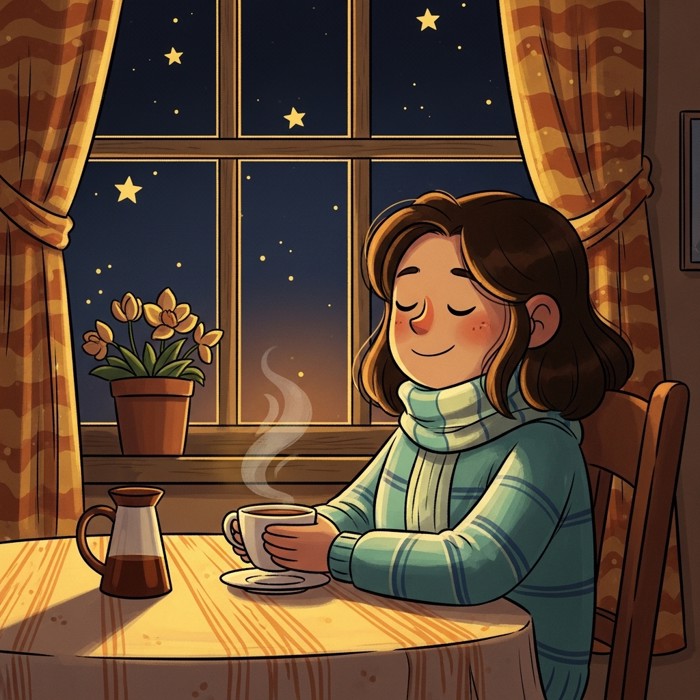 A cartoon person sitting peacefully at a table with a warm cup of tea, stars still visible outside a dark window, looking relaxed and happy.