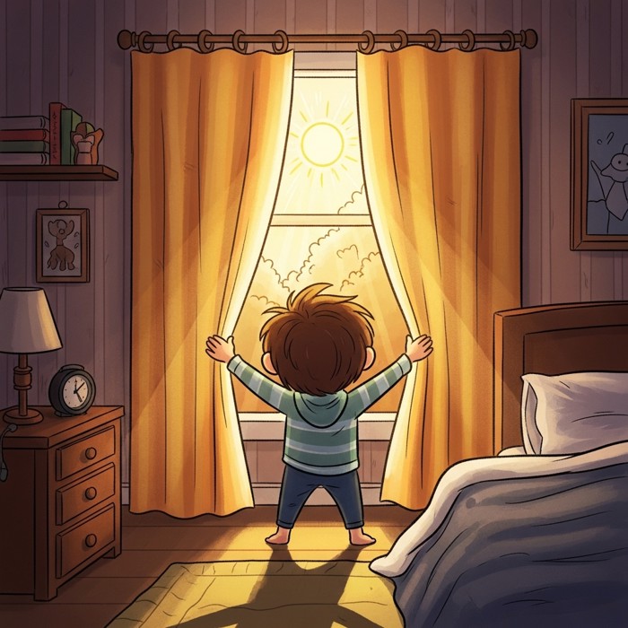 A cartoon child throwing open bright curtains to reveal a dazzling sunny morning, golden rays of light filling the bedroom.