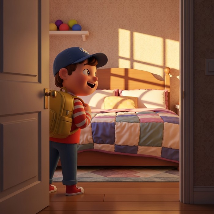 A confident child with a backpack, standing at their bedroom door, looking back at a perfectly made bed with a big smile.