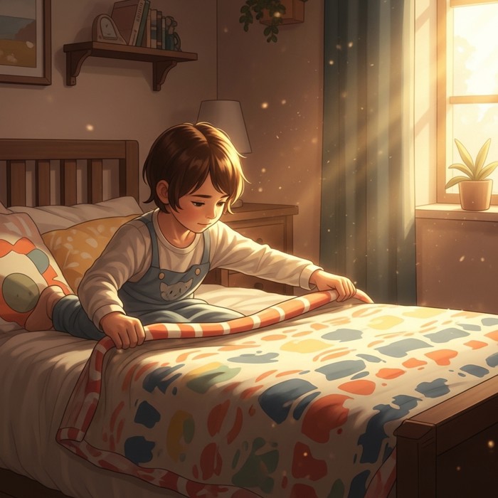 A child carefully spreading a soft colorful blanket flat across a bed, with sunlight streaming in.