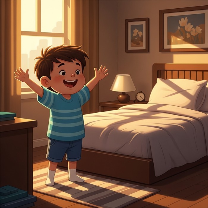 A happy child standing in a clean bedroom, arms raised in a big smile, looking at their neatly made bed.