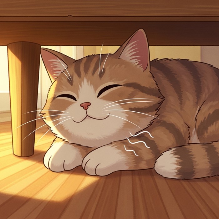 A content cat lying under a table with eyes half closed, small wavy lines near its chest showing a soft purring sound, warm cozy room.