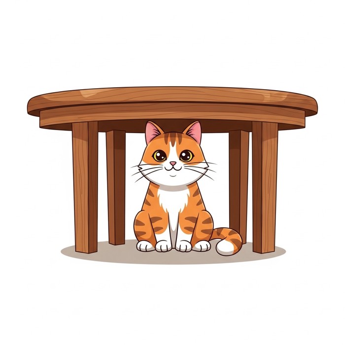 A happy cartoon cat sitting proudly under a round wooden table, surrounded by table legs, looking comfortable and safe, warm home setting.