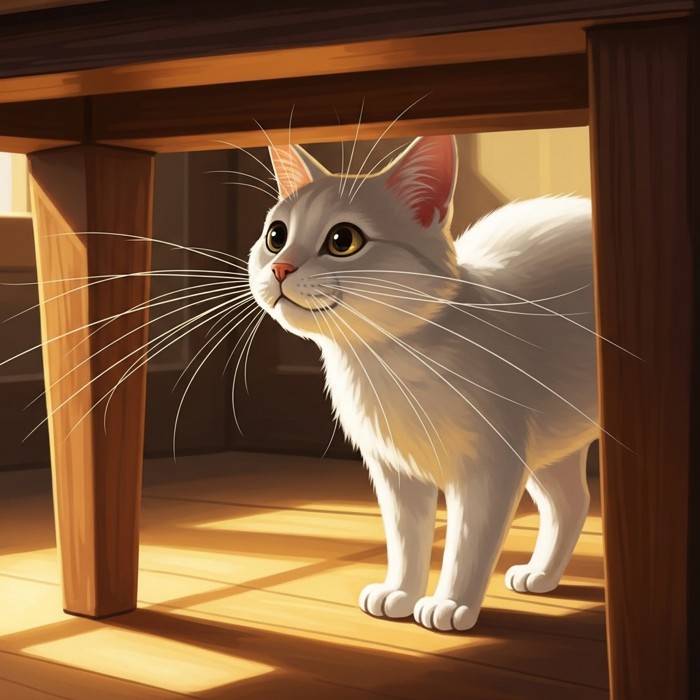 A white cat with very long whiskers standing under a table, whiskers touching the table legs gently, curious and focused expression.