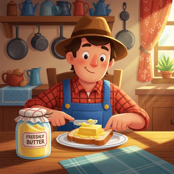 A cartoon farmer spreading yellow butter on a thick slice of bread in a cozy kitchen, a jar of fresh butter on the table beside him.