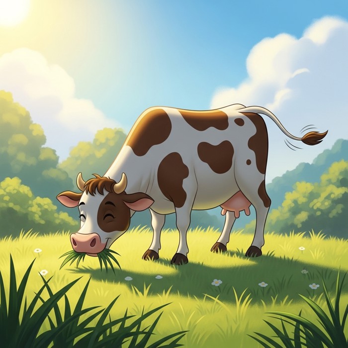 A happy cartoon cow bending her head down to eat fresh green grass in a sunlit meadow, tail wagging.