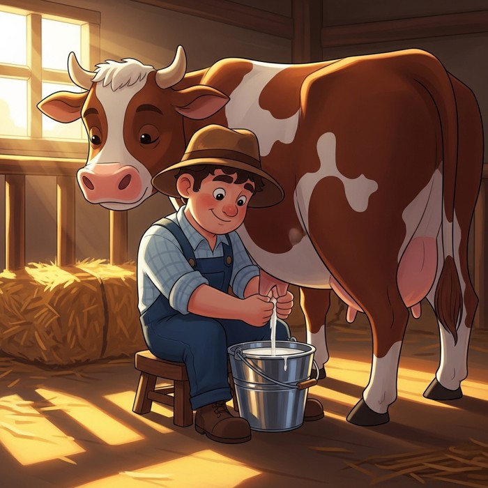 A cartoon farmer sitting on a small stool beside a brown and white cow, using both hands to milk her into a silver bucket, warm morning light in a barn.
