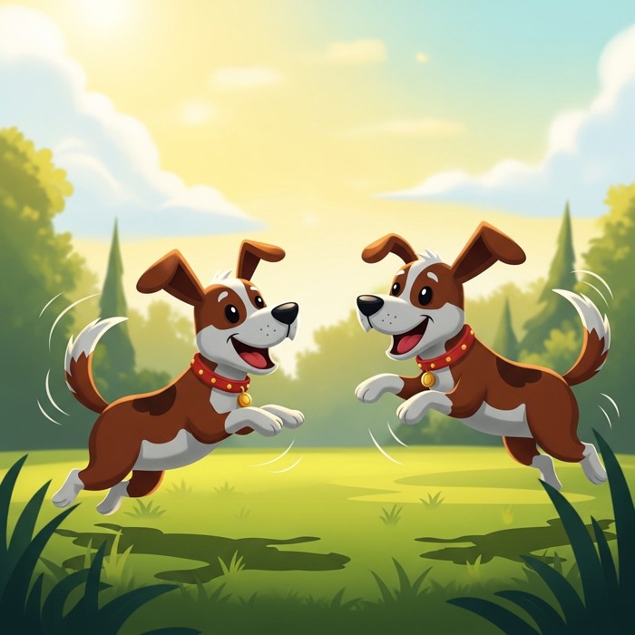 Two cartoon dogs playing joyfully together on a green park lawn, jumping and chasing each other, tails wagging, warm golden sunshine all around.