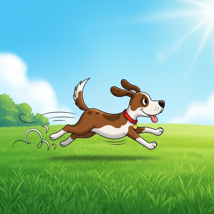 A brown and white cartoon dog sprinting across a green field, motion lines behind its legs, bright sunny day with a clear blue sky.