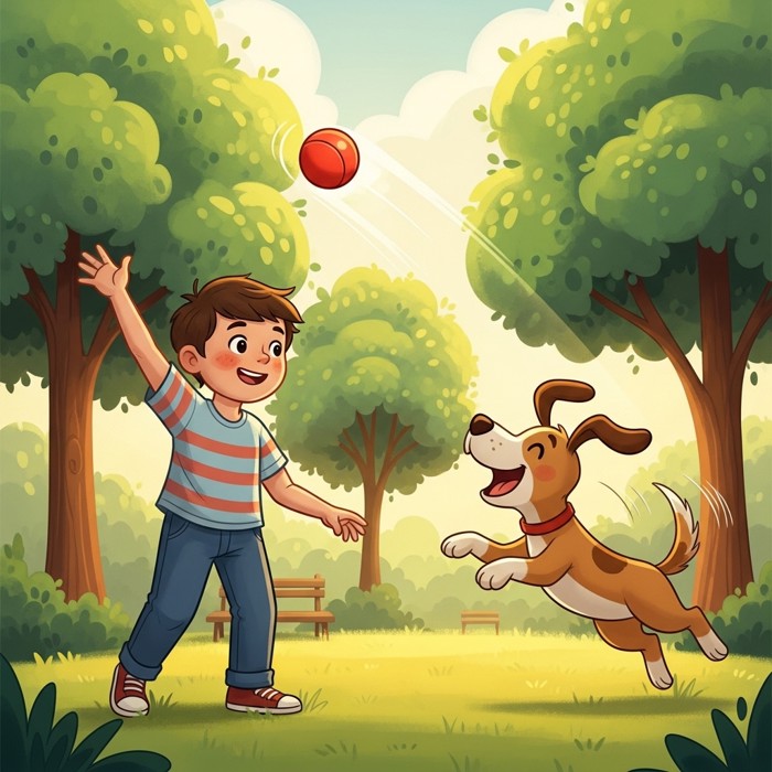 A smiling boy in a park throwing a bright red ball high into the air, a cartoon dog leaping forward eagerly, green trees behind them.
