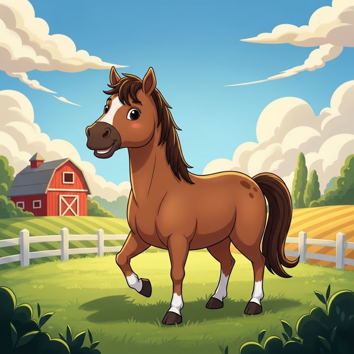 A happy horse standing in a green farm field with a red barn in the background, white fence, and fluffy clouds above.