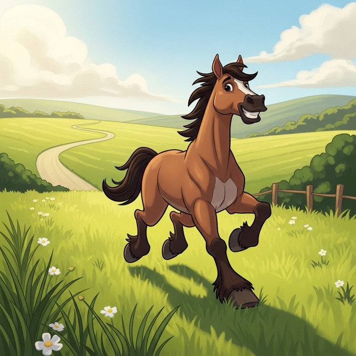 A cartoon horse with big muscular legs bounding across a long grassy field, smiling, with a road stretching into the distance.