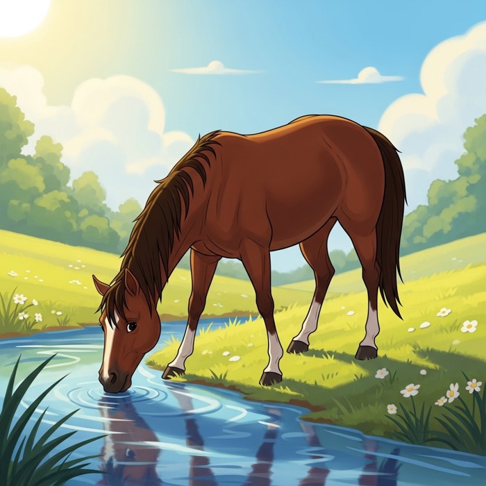 A friendly brown horse bending down to drink from a clear blue stream in a sunny meadow.