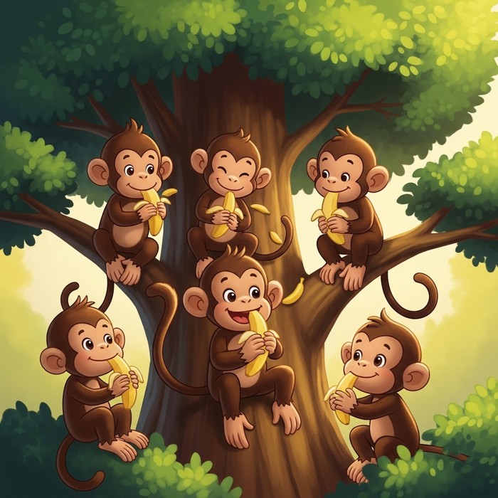 Several happy cartoon monkeys sitting together in a big green tree, each holding and eating a yellow banana, smiling at each other.