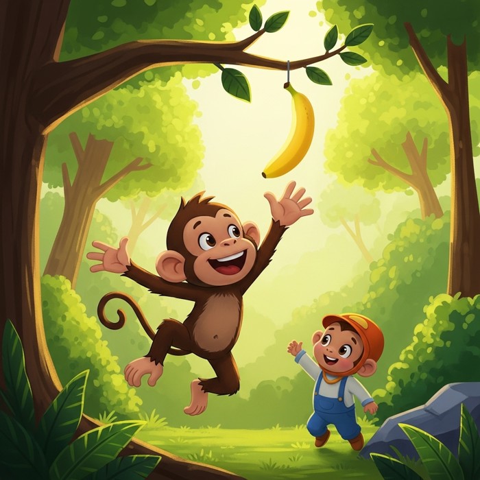 A cartoon monkey leaping through the air toward a yellow banana hanging from a tree branch, arms stretched out, in a bright green forest.
