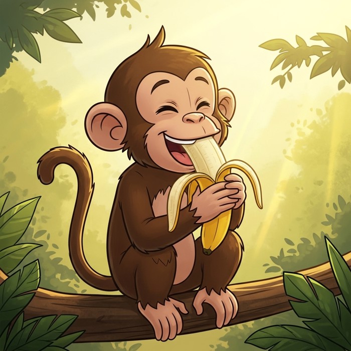 A cartoon monkey taking a big happy bite of a peeled banana, eyes closed in delight, sitting on a branch in a sunny jungle.