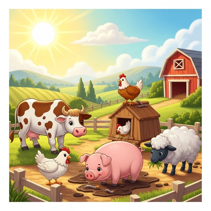 A cheerful cartoon scene of a cow, chicken, pig, and sheep each doing their job on the farm under a bright golden sun.