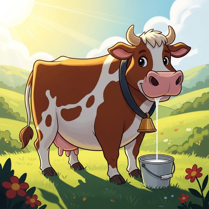 A large brown and white cartoon cow standing in a green field, milk flowing gently into a white bucket, bright morning sunlight.