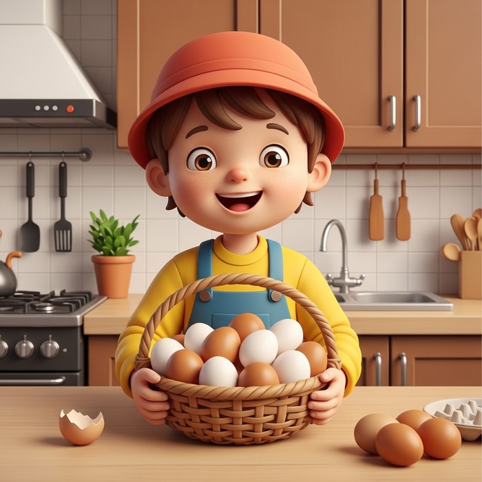 A happy cartoon child holding a basket of fresh brown and white eggs collected from the farm, smiling in a warm kitchen.