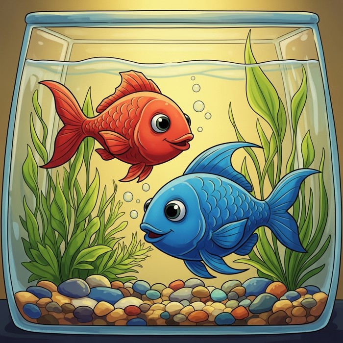 Two cartoon fish, one bright red and one vivid blue, swimming happily inside a clean glass tank with colorful pebbles and green plants.