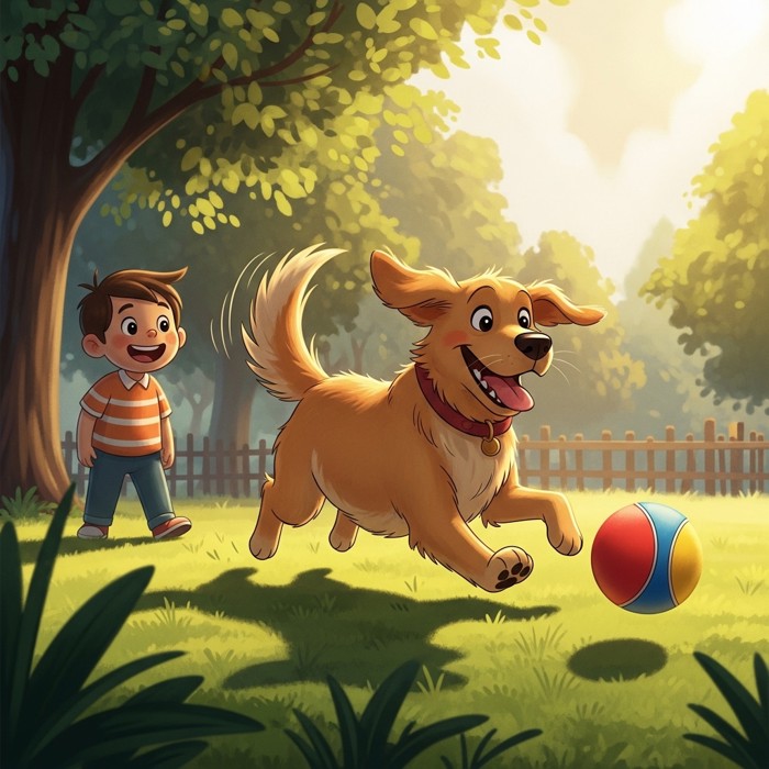 A happy golden dog wagging its tail and chasing a ball in a sunny park, with a smiling child nearby.