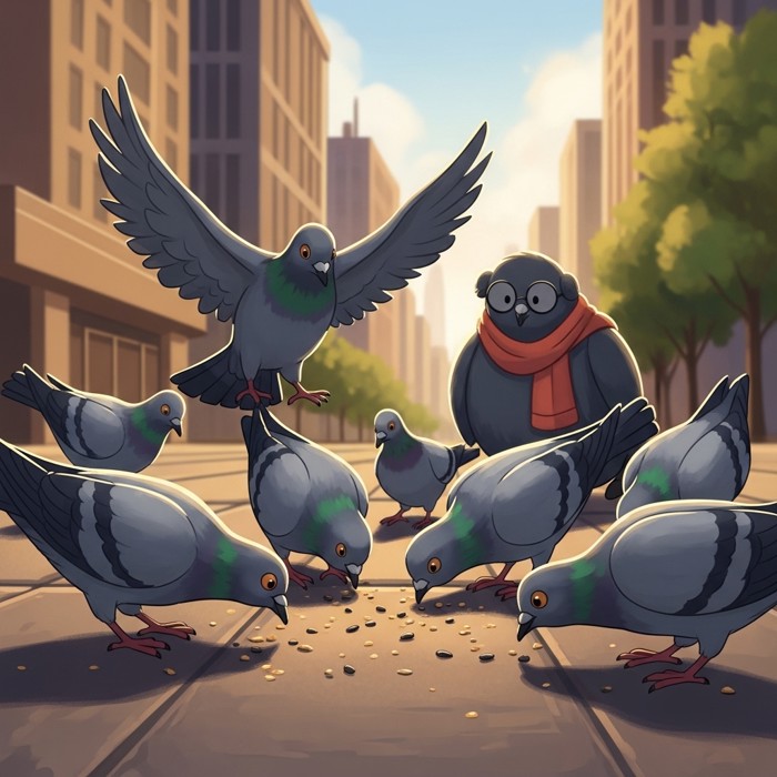 A group of gray pigeons pecking at scattered seeds on a busy city sidewalk, with tall buildings in the background.