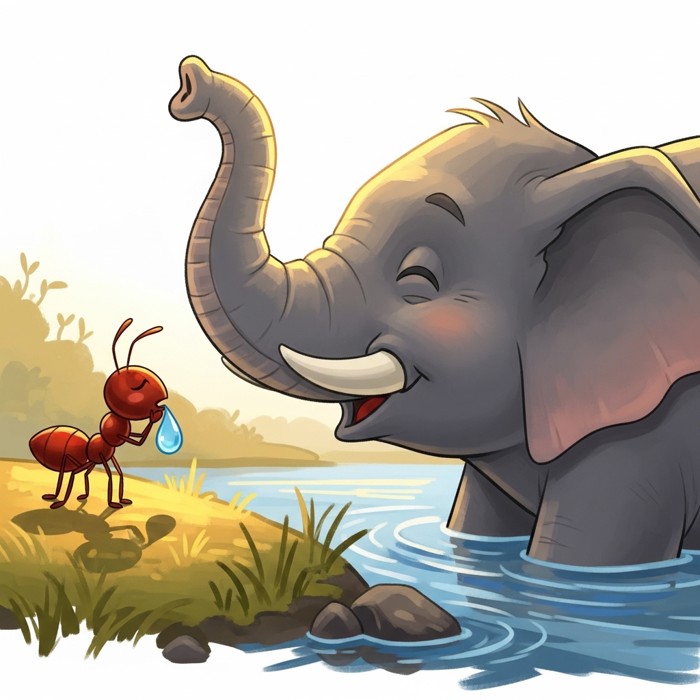 A tiny cartoon ant drinking a single water drop next to a large elephant drinking from a big river, both looking satisfied.
