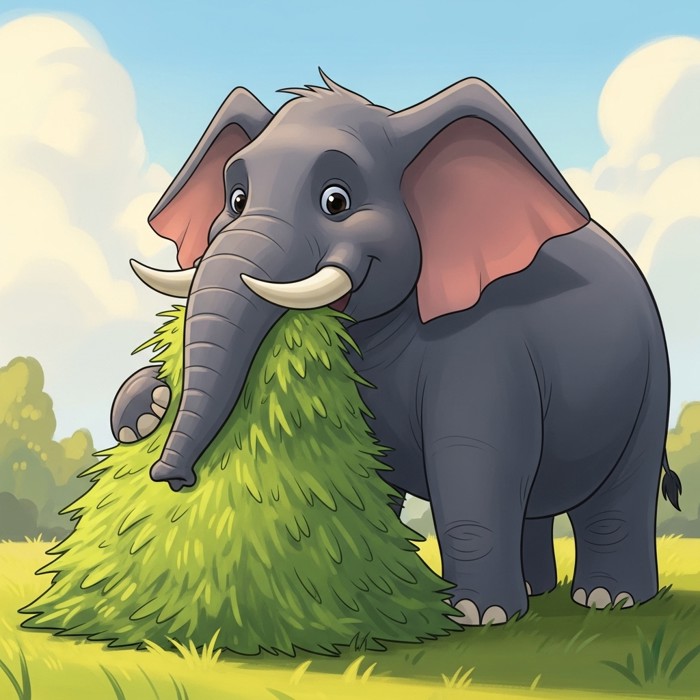 A large cartoon elephant happily munching on a big pile of bright green grass in an open sunny field.