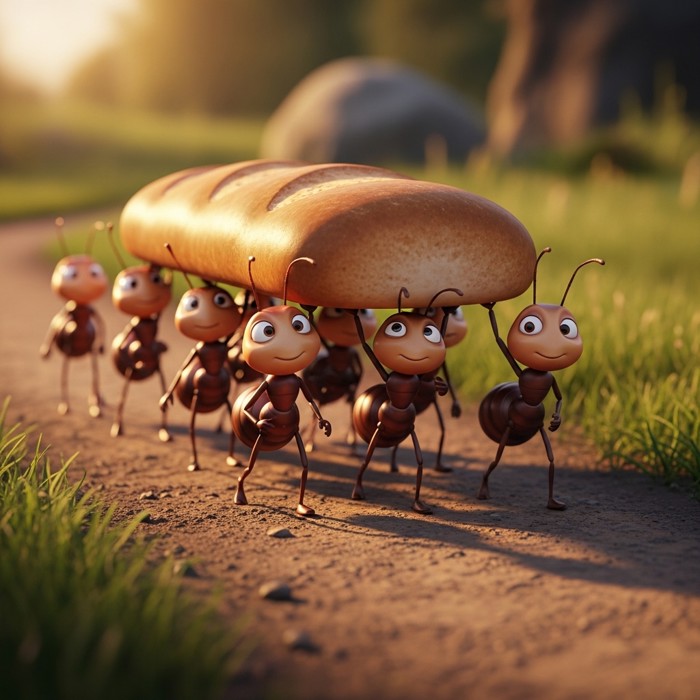 A group of tiny cartoon ants carrying a large piece of bread together, looking proud and strong on a brown dirt path.