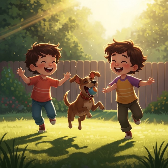 Two young children laughing and running in a sunny backyard, a playful brown dog jumping between them with a ball in its mouth.